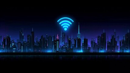 Wi-Fi glowing blue Wifi icon on dark futuristic city background, network concept, city Technology, Internet Connection or remote internet - Powered by Adobe