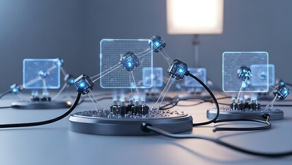 Networked digital devices with glowing connections on a flat surface