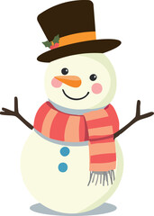 A cheerful cartoon snowman with a striped scarf and top hat smiles with twig arms raised.