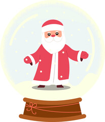 A cute cartoon Santa Claus stands inside a glowing snow globe with falling snowflakes and a wooden base tied with a ribbon.