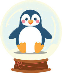 A cute cartoon penguin with rosy cheeks sits inside a festive snow globe surrounded by falling snow.