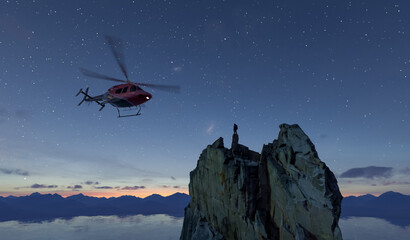 Fototapeta premium Helicopter Flying Over Rocky Peak At Night With Climber Beneath A Starry Sky