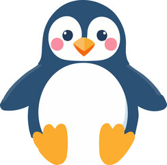 A cute cartoon penguin with rosy cheeks and orange feet is sitting upright and smiling.