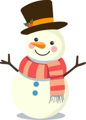 A cheerful cartoon snowman with a striped scarf and top hat smiles with twig arms raised.
