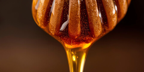 Close-up of honey drizzling from wooden dipper, glistening golden hue evoking warmth and sweetness