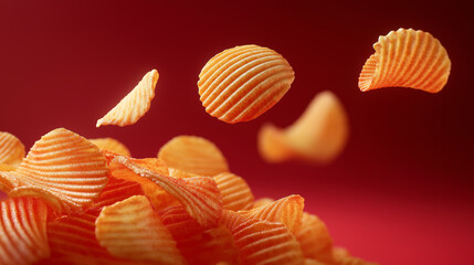 Fototapeta premium Crispy ridged potato chips flying above a pile against a vibrant red background. 
