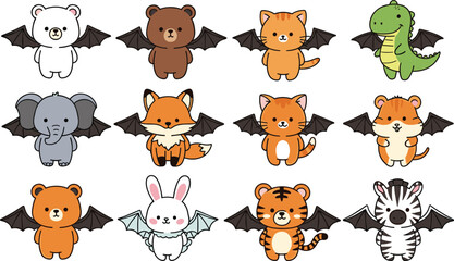 Cartoon animals with bat wings in cute chibi style, whimsical character grid vector illustration for Halloween or fantasy themes