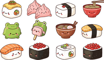 Cartoon Asian food characters with smiling faces, cute sushi dumpling noodle icons, playful snack illustration grid, vector art design