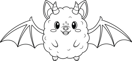 Cartoon bat-sheep hybrid creature with wings, horns, and fangs, black and white whimsical character illustration for coloring pages