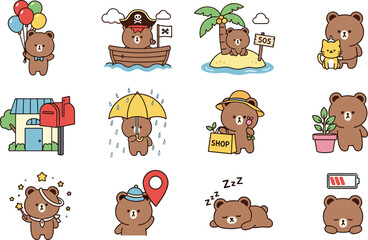 Cartoon brown bear in expressive and playful scenarios, cute character grid, whimsical vector illustration for storytelling and stickers