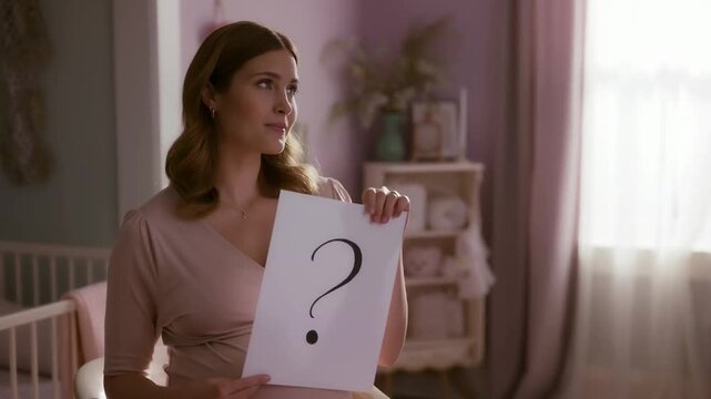 A woman looking thoughtfully, holding a paper with a question mark, symbolizing choices and decisions. The scene takes place indoors, bathed in soft lighting. Stock Video