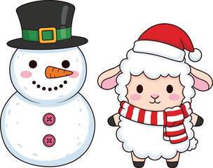 Cartoon snowman and sheep in winter holiday costumes, festive Christmas characters, cute seasonal illustration, cheerful vector art, joyful theme