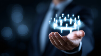 Hand presenting glowing holographic human icons symbolizing recruitment and team management.
