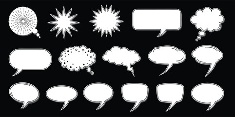 Comic speech and thought bubble set, cartoon dialogue elements, graphic novel icons, expressive shapes, vector illustration for storytelling design