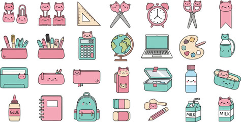 Pastel cat-themed school supplies and stationery grid, cute cartoon vector illustration for children’s education and kawaii design