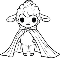 Heroic cartoon sheep wearing dramatic cape, standing upright, fluffy animal character, whimsical livestock illustration, confident pose, fantasy farm theme