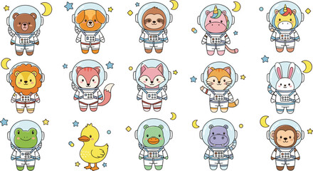 Cartoon animals in astronaut suits, space exploration theme, cute character grid, whimsical cosmic illustration, educational vector art for kids