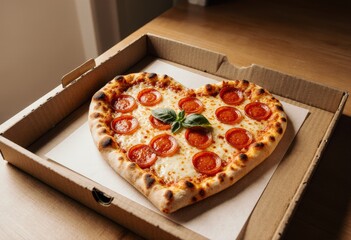 Heart-shaped pepperoni pizza in a box