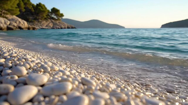 Pebble Beach Serenity Gentle Waves Lap Shoreline Under Clear Blue Sky.