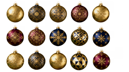 christmas ornaments tree balls  Collection of fifteen assorted decorative   in gold, bronze, and dark blue isolated on white background