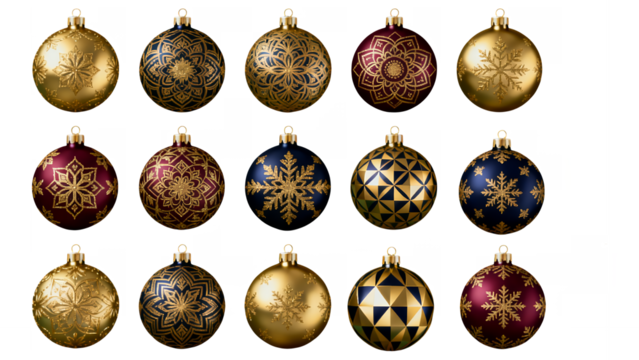 christmas ornaments tree balls  Collection of fifteen assorted decorative   in gold, bronze, and dark blue isolated on white background