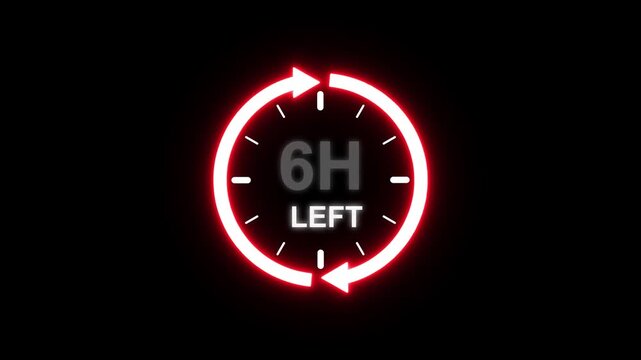 24 hours clock with circle arrow and the numbers 6 Hour left. video animation on alpha channel background, Clock timer, time passage waiting time animation (4K). 2 Hour Countdown timer. Clock icon.