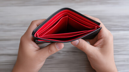 Hands holding an open empty wallet viewed from above.

