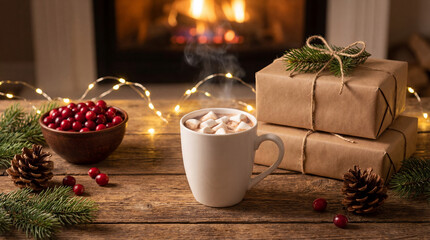 Warm drink sits on wooden table near a fireplace with gifts, berries, and pine cones during a cozy winter evening gathering at home