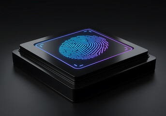 Digital fingerprint scanner security concept with glowing blue and purple biometric authentication symbol on dark background