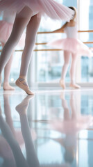 Ballerinas practicing on pointe in a bright dance studio.
