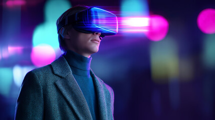 Close-up of a woman wearing reflective AR/VR glasses with neon lighting.