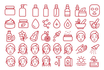 Skincare Outline Icon Set. Beauty, Cosmetic, and Natural Ingredients Vector Icons. Contains icons such as Cream Jar, Face Mask, Serum, Moisturizer, Aloe Vera, and Facial Treatment.