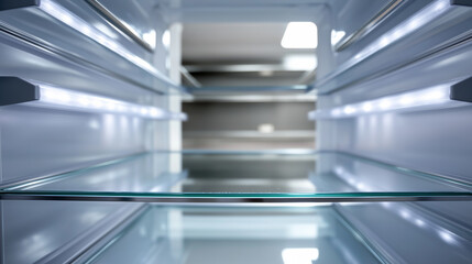 Clean empty refrigerator interior with illuminated glass shelves.
