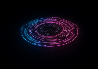Futuristic glowing neon blue and pink holographic circular interface element on a dark background