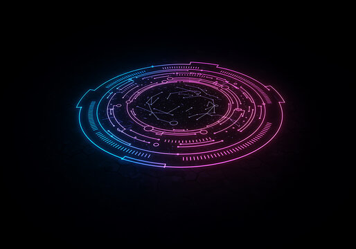 Futuristic glowing neon blue and pink holographic circular interface element on a dark background