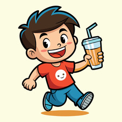 Happy Boy Running With Orange Juice Drink child