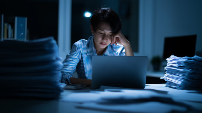 A tired woman working late at her laptop surrounded by large stacks of documents in a dim office.