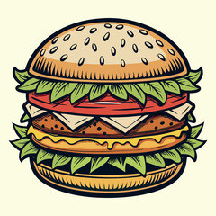 Delicious fast food cheeseburger with beef, cheese, lettuce, and tomato on a sesame bun, isolated on a white background