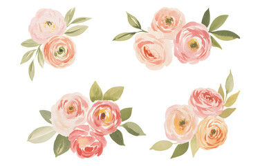Hand painted peach rose bouquets flower isolated on a white background.