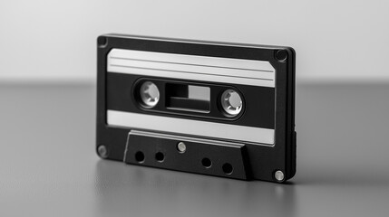 A vintage audio cassette tape standing upright on a reflective surface.
