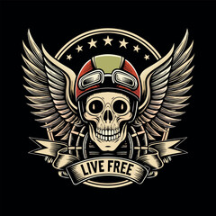 Vintage grunge pirate emblem with a skull and wings vector illustration for a rock tattoo design symbol