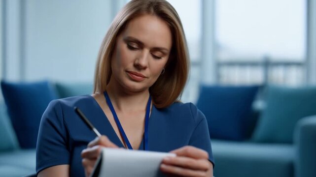 A concentrated woman writing notes, capturing a moment of focus and detail. She is sitting, perhaps in a professional setting. The woman is writing or taking notes while thinking Stock Video
