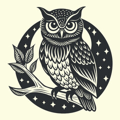 Stylized Owl Perched on a Branch with Stars and Moon