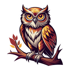 Stylized owl perched on a branch with autumn leaves
