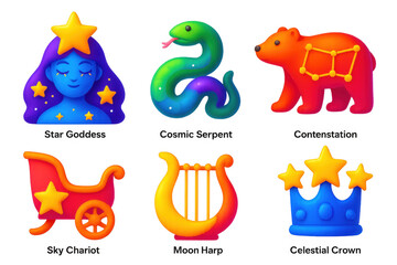 Variety of colorful and whimsical characters, including a woman, a snake