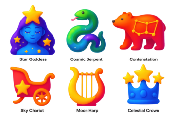 Variety of colorful and whimsical characters, including a woman, a snake