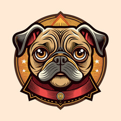 Stylized Pug Dog Portrait With Red Collar animal illustration