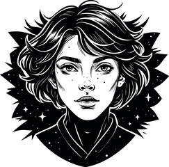 Portrait of the girl: fashion model with black hair and flower sketch style illustration, vector design