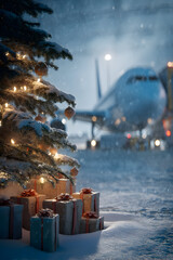 Christmas tree with gifts on snowy airport, planes in background, dramatic clouds, concept of Christmas aviation and travel.