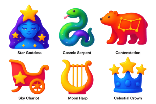 Variety of colorful and whimsical characters, including a woman, a snake